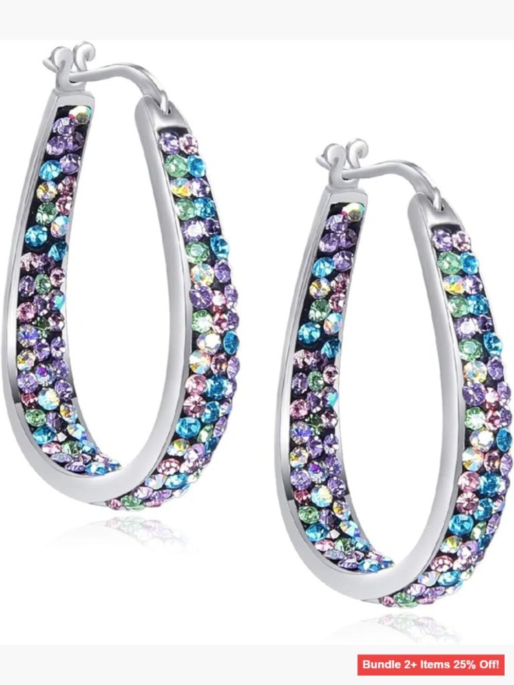 Silver Plated Crystal Hoop Earrings 1.2 Inch Oval Inside Out Design